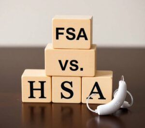 building blocks reading "FSA vs. HSA" with a hearing aid laying next to the blocks.