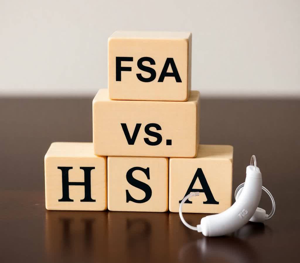 building blocks reading "FSA vs. HSA" with a hearing aid laying next to the blocks.