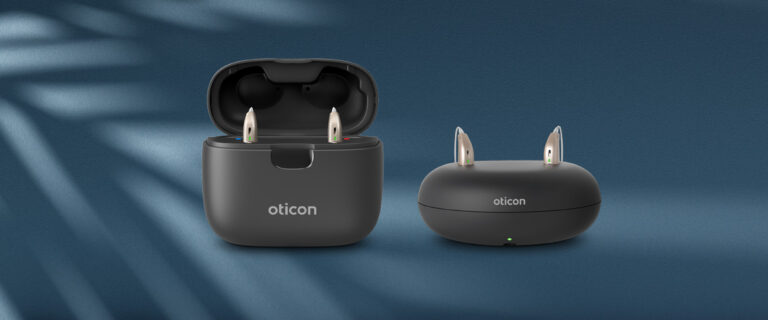 The two options for charging stations for the Oticon Jet PX hearing aids.
