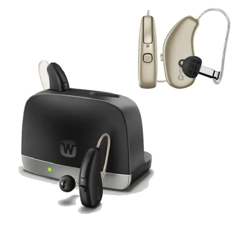The Allure hearing aid from Widex and optional charging base station.