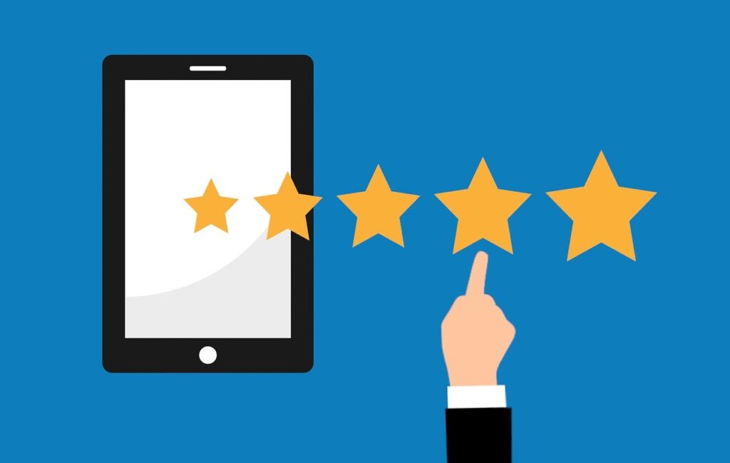 A graphic showing someone leaving a 5-star rating through their mobile device.