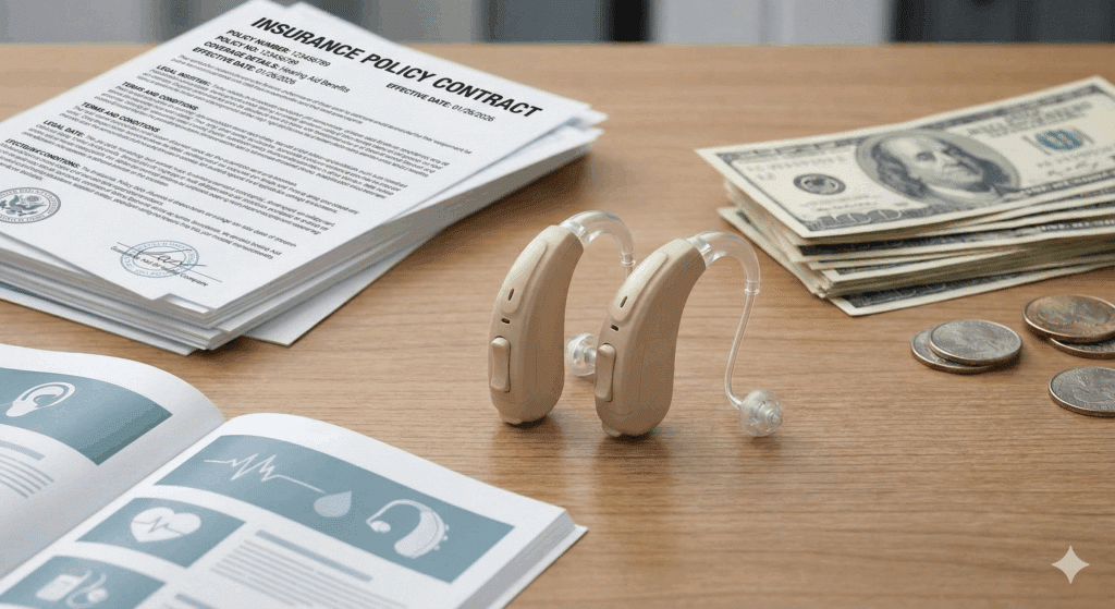 A pair of hearing aids surrounded by cash on one side and insurance documents for Managed Care on the other.
