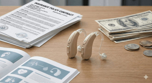 insurance-vs-cash A pair of hearing aids surrounded by cash on one side and insurance documents for Managed Care on the other.