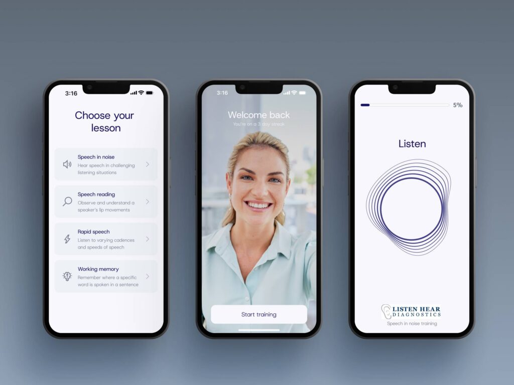 Three phones displaying some of the features from the Lace AI Pro program.