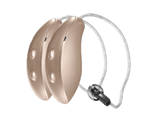 A pair of beige Starkey G Series AI hearing aids in their Receiver-In-Canal (RIC) style.