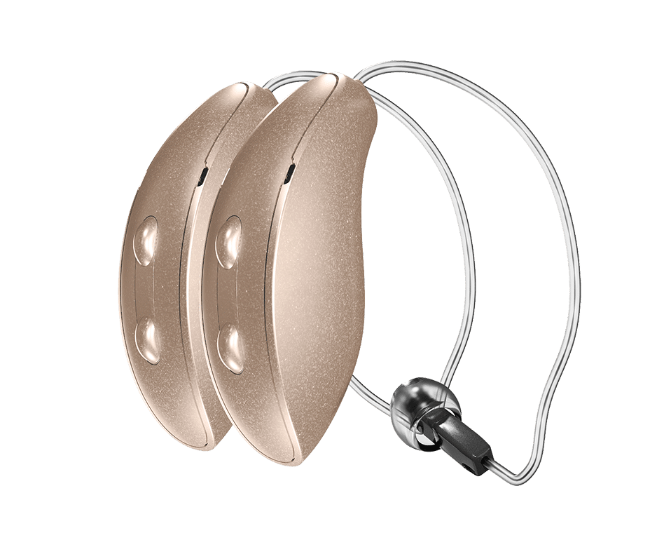 A pair of beige Starkey G Series AI hearing aids in their Receiver-In-Canal (RIC) style.