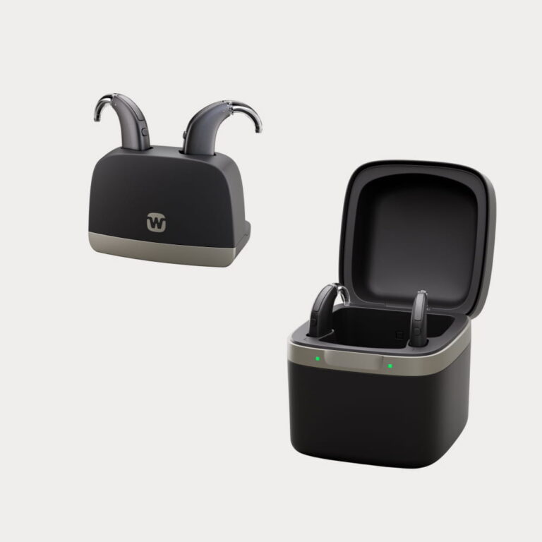 The widex allure bte hearing aid in both the desktop charging station and the rechargeable carry case.