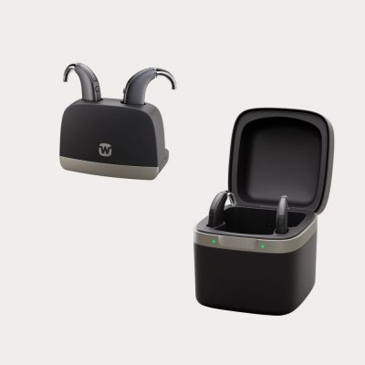 The widex allure bte hearing aid in both the desktop charging station and the rechargeable carry case.